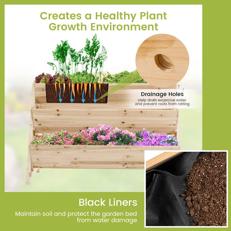 S AFSTAR 3-Tier Vertical Garden Bed, Wooden Elevated Planter Bed with Legs, Storage Shelf, 2 Hooks, Raised Bed Kit for Flower Vegetable Herb, Outdoor S AFSTAR