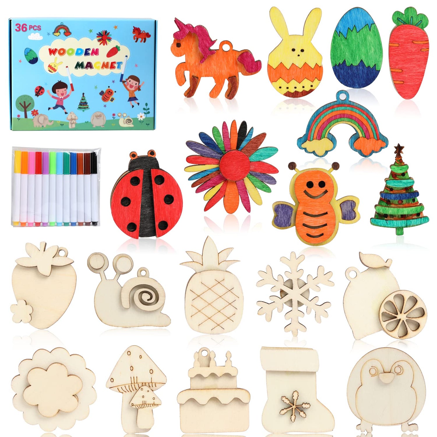 Worgree DIY Wooden Magnets, 36 pcs Wooden Art Craft Supplies Painting Kit for Kids Party Favors for Boys Girls Ages 4-8 8-12 Birthday Easter Crafts Worgree