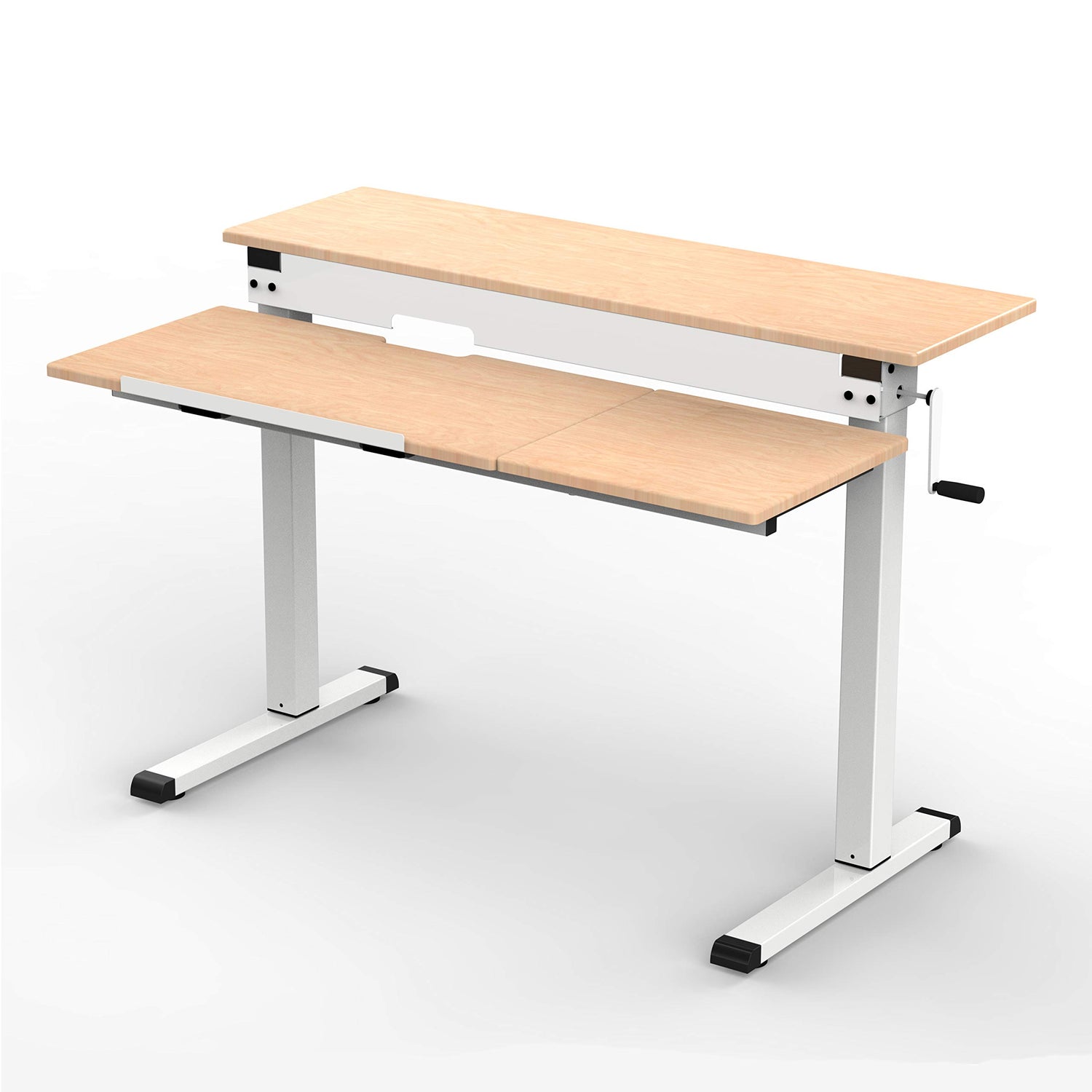 Stand Up Desk Store 48" Crank Adjustable Height Split Level Drafting Table Ergonomic Desk with Monitor Shelf (White/Birch) S Stand Up Desk Store