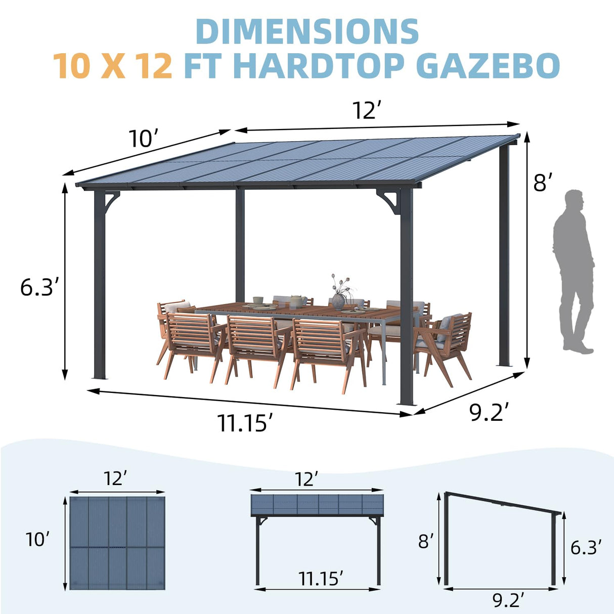 AECOJOY Wall Gazebo12’ x 10’, Hard Top Gazebos Pergola on Clearance, Outdoor Patio Lean to Gazebo Canopy Awnings for Deck, Porch, Backyard and More AECOJOY