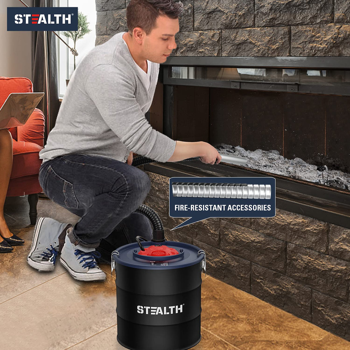 Stealth 4.8 Gallon Ash Vacuum, Portable Ash Vac with Powerful Suction for Fireplaces, Wood Burning Stoves, Bonfire Pits, Pellet Stoves, Model: EMV05S Stealth