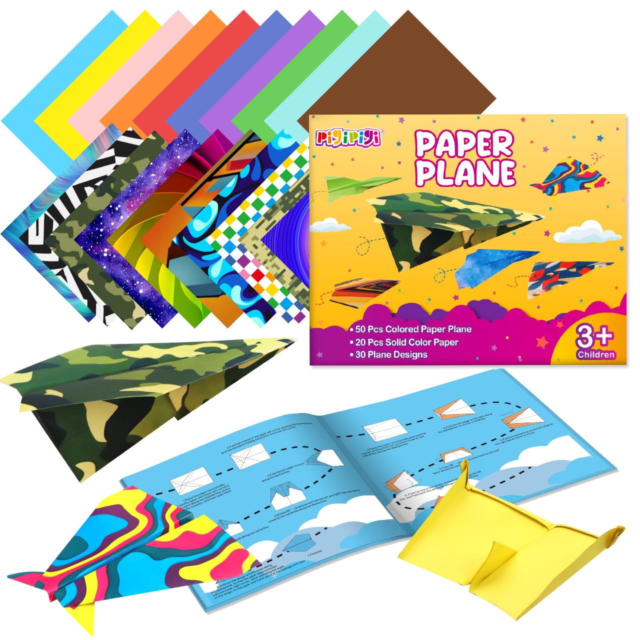 pigipigi Paper Airplane Craft for Kid: 70 Pcs Plane Art Activity Kit - 50 Patterned 20 Colored Large Paper, Airplane Toy Supply, 30 Easy Airplane