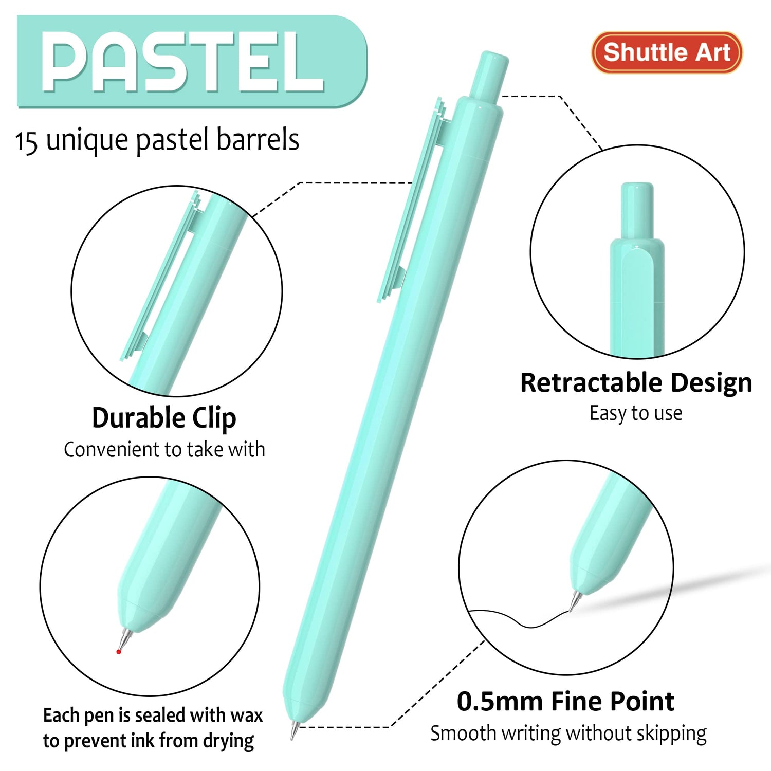 Shuttle Art School & Work Supplies Bundle, 15 Pack Pastel Gel Ink Pens in black ink, 0.5mm Tip + 30 Pack Black Retractable Gel Pen Refills 0.7mm Shuttle Art