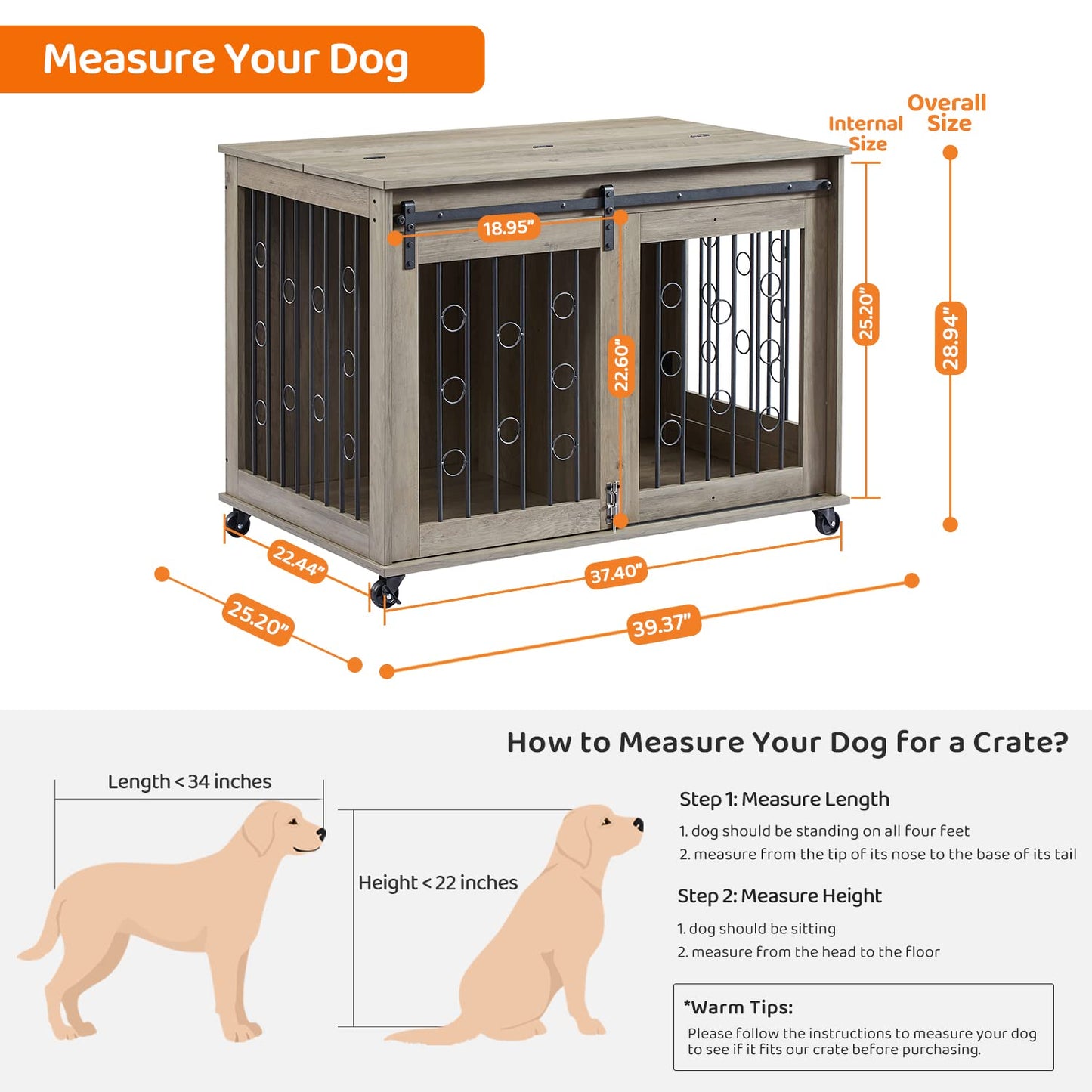 IchbinGo Dog Crate Furniture with Sliding Barn Door, 39" Wooden Dog Kennel End Table with Wheels and Flip-top Plate Dog House with Detachable Divider - WoodArtSupply