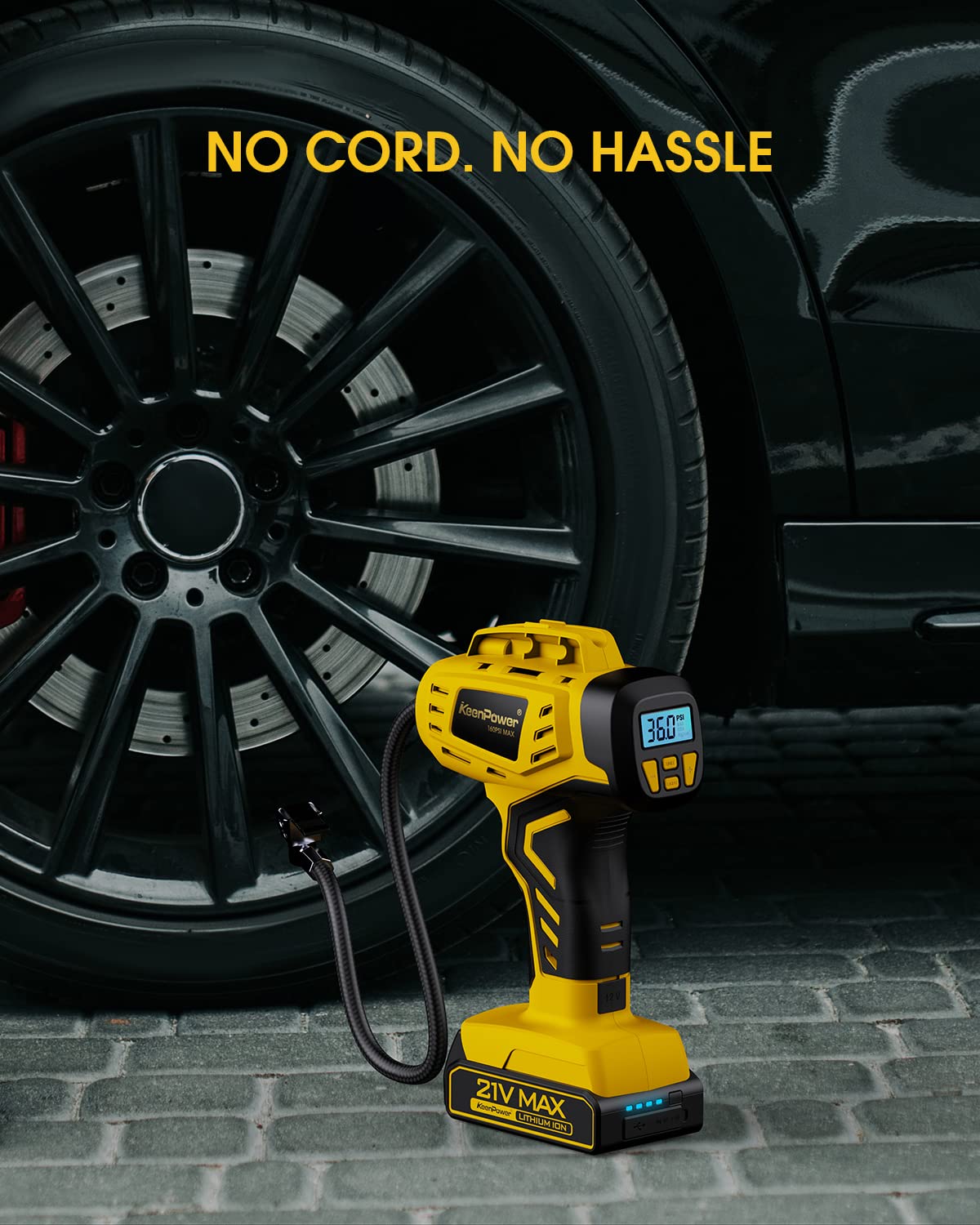 KeenPower Tire Inflator Portable Air Compressor - 2X Faster - 21V Rechargeable Battery Powered Handheld 160PSI Tire Inflator, Dual Power Supply KeenPower