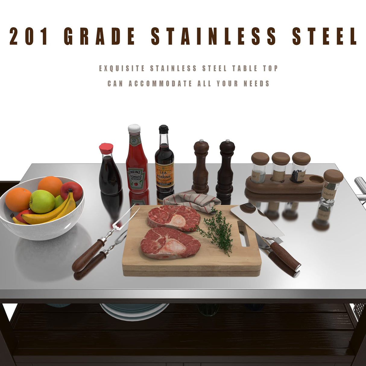 GDLF Outdoor Storage Cabinet Solid Wood Prep Grill Table with Stainless Steel Top Waterproof Cover Dark Brown GDLF