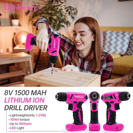 64PCS Pink Tool Set with Cordless Drill, 8V Power Drill and Pink Tool Kit for Women, 3/8"Keyless Chuck Electric Screwdriver Driver Kit for Home DIY ThinkLearn