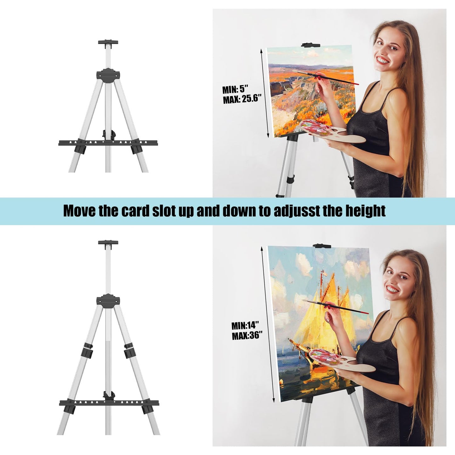 Art Painting Display Easel Stands - Portable Adjustable Aluminum Metal Tripod Artist Easels with Bags, Height from 17" to 66", Extra Sturdy for - WoodArtSupply