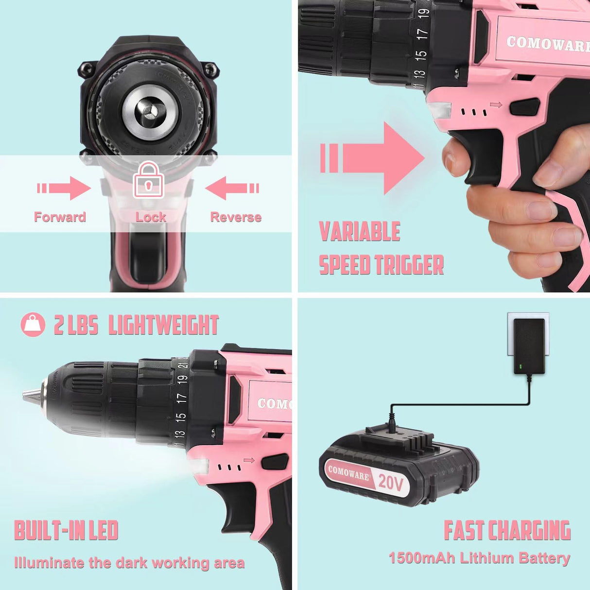 COMOWARE 169Pcs Home Tool Kit with Drill, Pink Drill Set for Women, Lady's Home Repairing Tool Kit with 20V Power Drill, with a Large-Capacity Tool COMOWARE