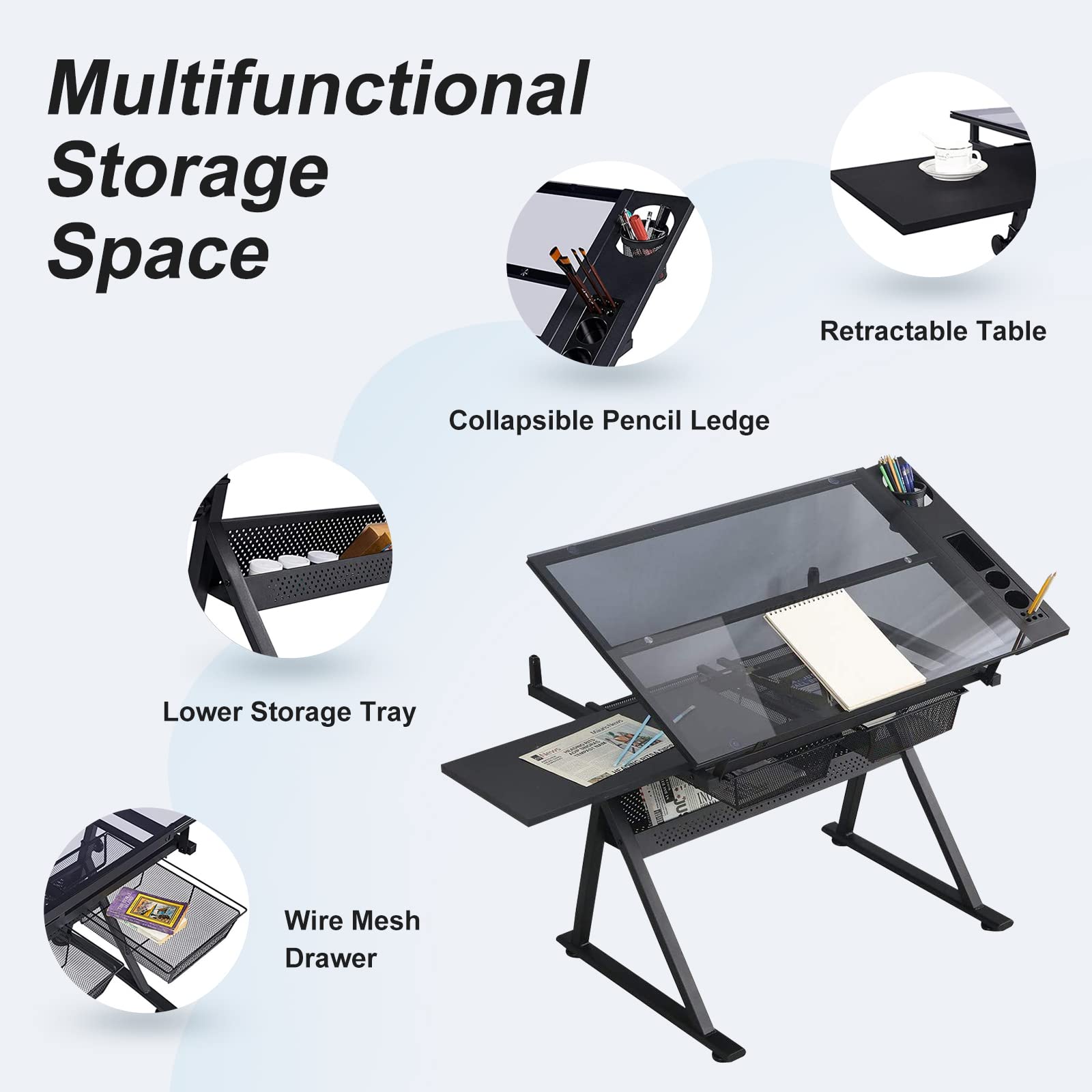 Waful Height Adjustable Drafting Tables, Glass Drawing Art Table, Tilting Tabletop Paintings Work Station Artist Table Chair Chair-2 Storage Drawer - WoodArtSupply