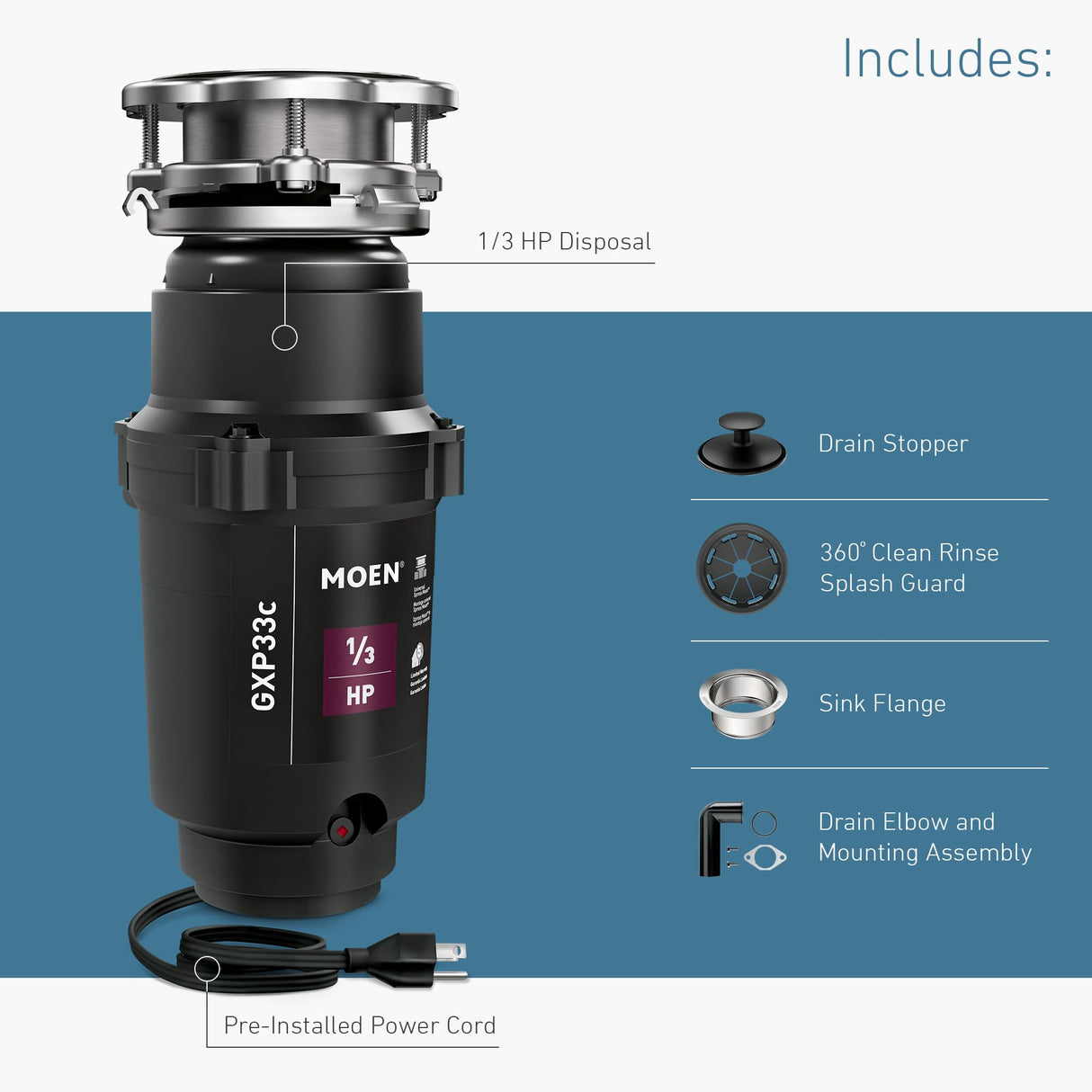 Moen GXP33C Lite Series PRO 1/3 HP Compact Continuous Feed Garbage Disposal for Kitchen Sink, Power Cord Included Moen