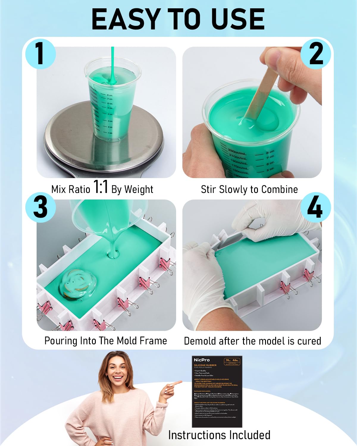 Nicpro 80 oz Silicone Mold Making Kit 20A, Platinum Liquid Silicone Rubber for Mold Maker, Jade Green Flexible & Food Safe Mix Ratio 1:1 for Casting Nicpro