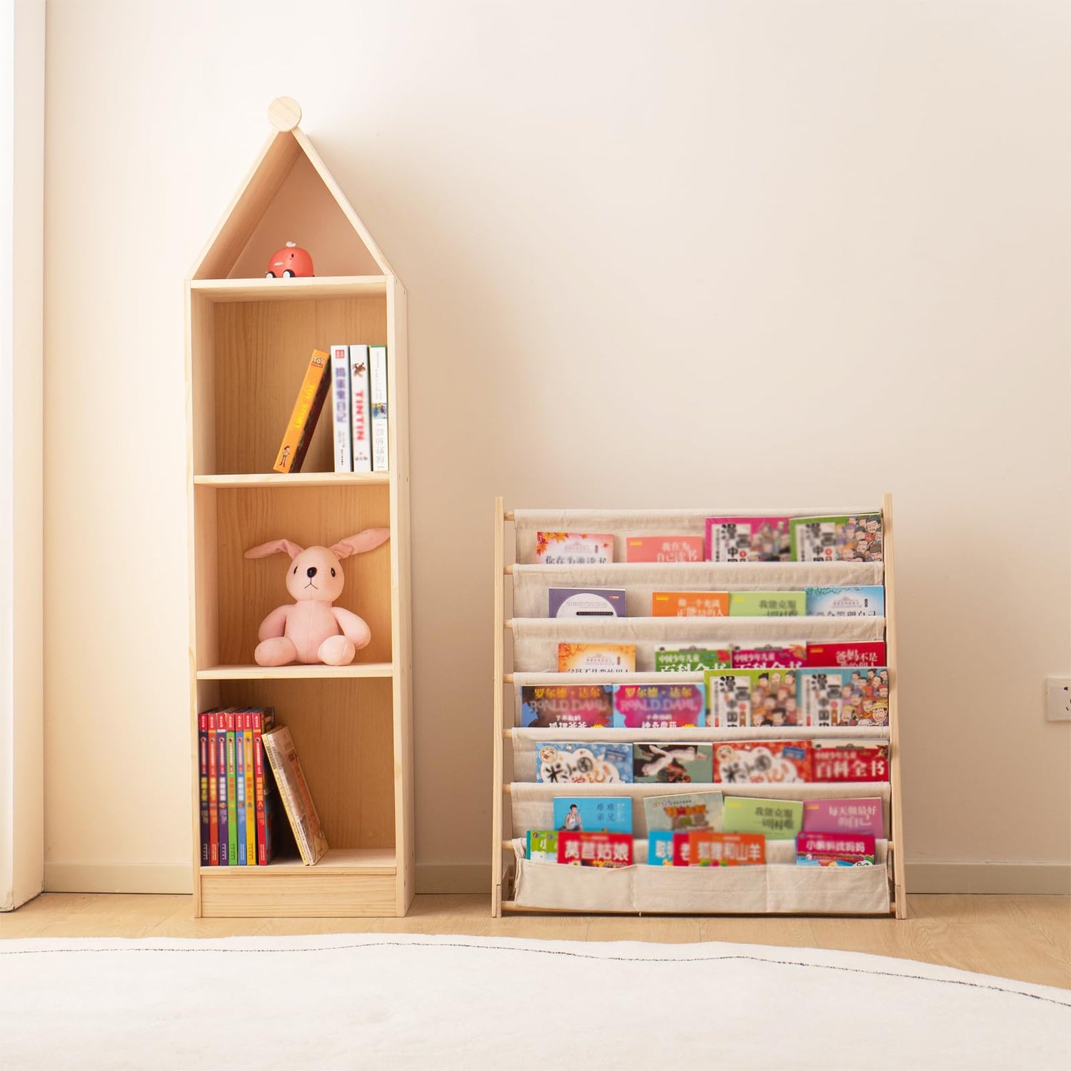 ChubanCraft Kids Wooden Bookshelf - 6-Tier Natural Pine Bookrack with Canvas Storage ChubanCraft