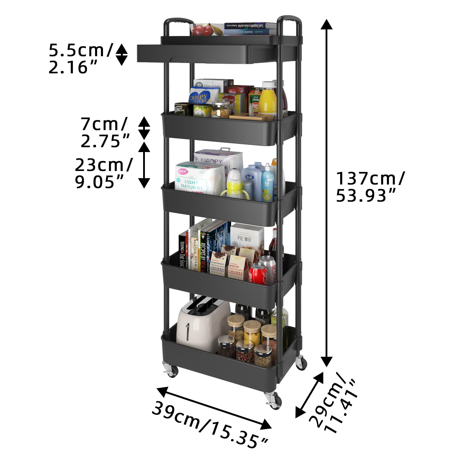 Calmootey 5-Tier Rolling Utility Cart with Drawer,Multifunctional Storage Organizer with Plastic Shelf & Metal Wheels,Storage Cart for - WoodArtSupply