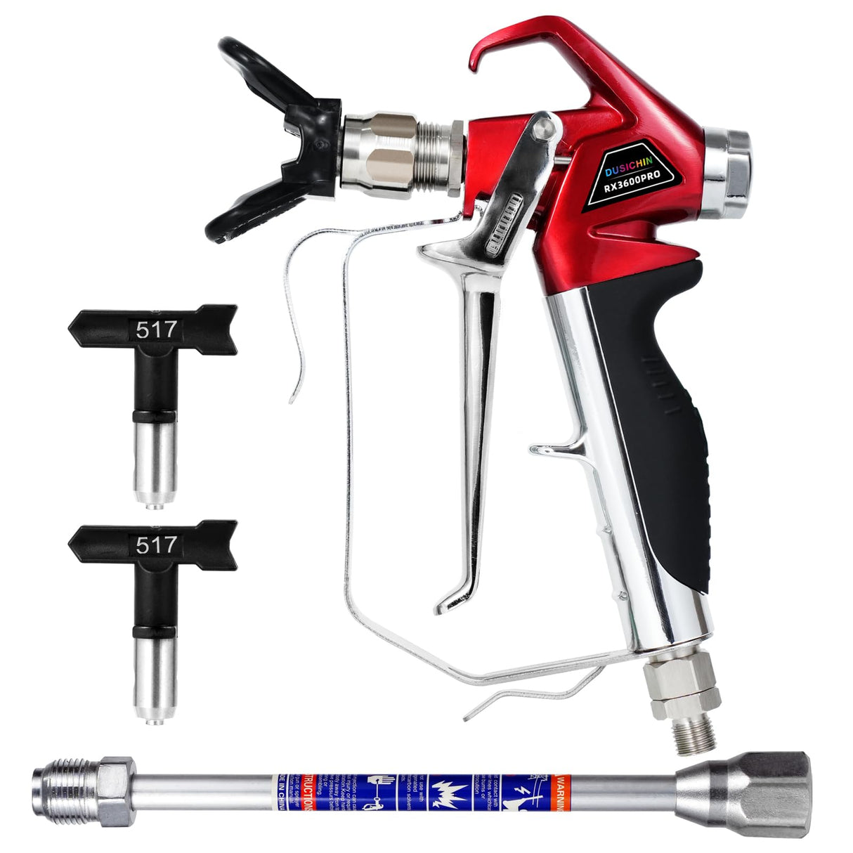 DUSICHIN Airless Paint Spray Gun High Pressure 3600 PSI Reversible 517 Nozzle Tip Guard Swivel Joint with 10 inches Extension Pole for Airless Paint DUSICHIN