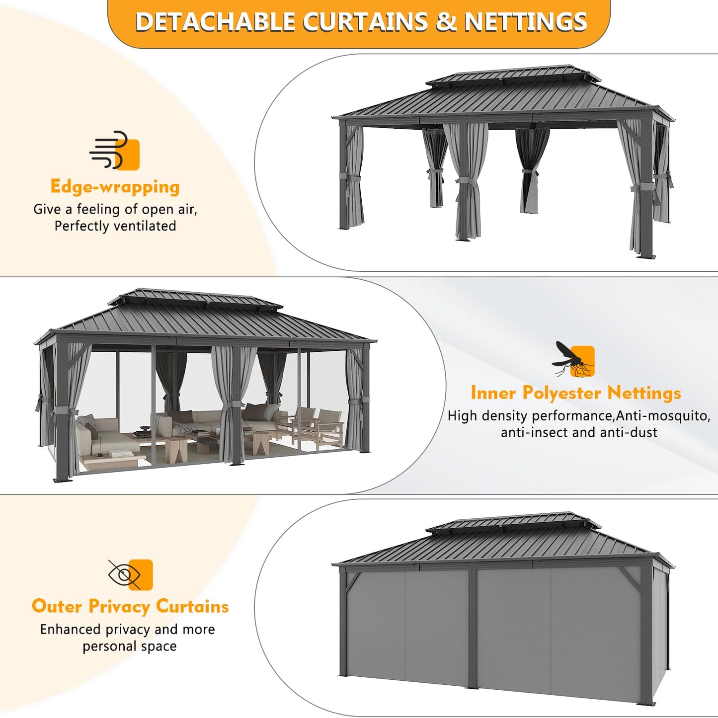 Jolydale 12FT X 20FT Hardtop Gazebo, Galvanized Steel Dual-Layer Top, Aluminum Metal Gazebo with Netting and Curtains, Permanent Gazebo Pavilion for