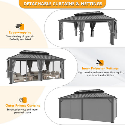 Jolydale 12FT X 20FT Hardtop Gazebo, Galvanized Steel Dual-Layer Top, Aluminum Metal Gazebo with Netting and Curtains, Permanent Gazebo Pavilion for - WoodArtSupply