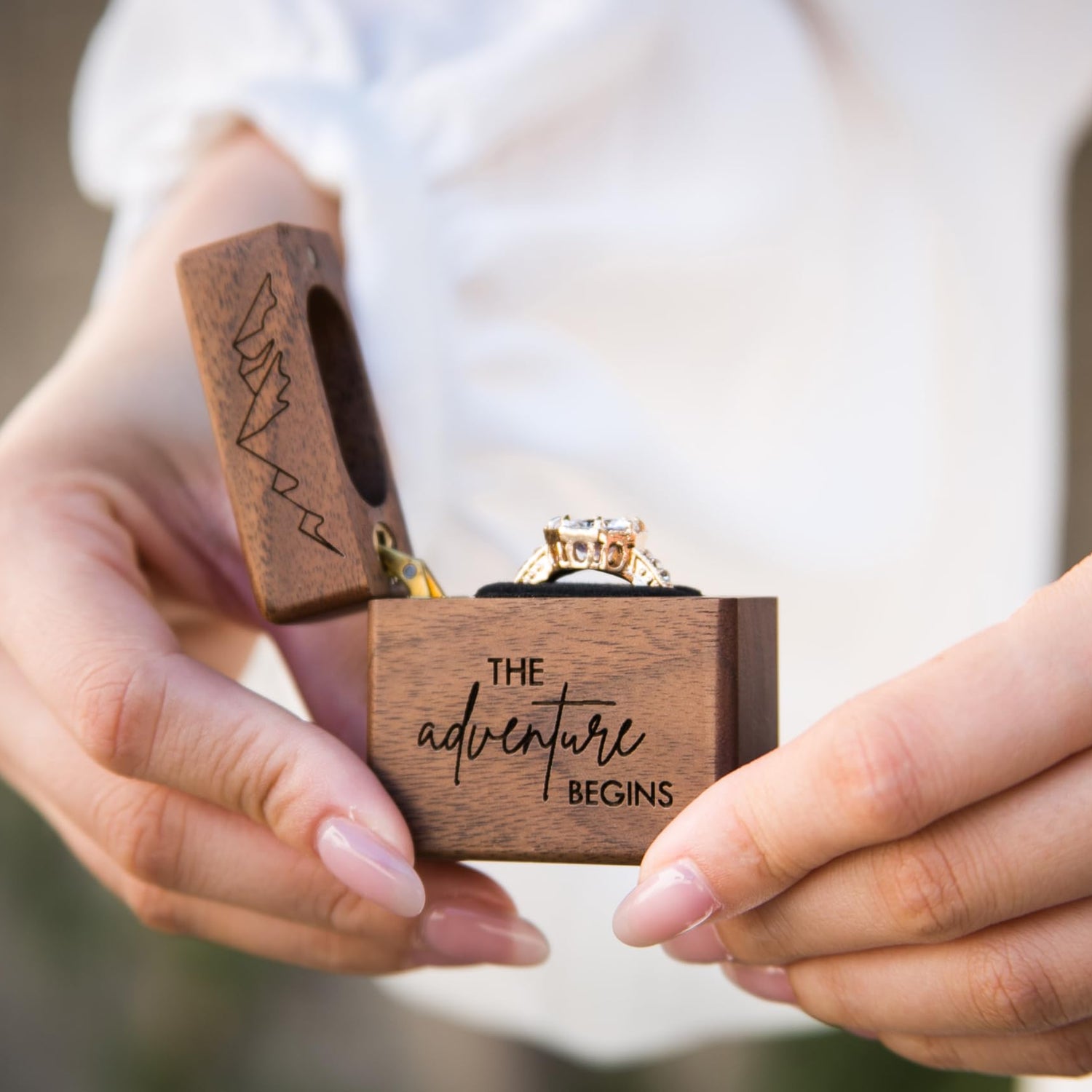 MUUJEE Slim Engagement Ring Box - Engraved Wooden Ring Box for Wedding Ceremony Engagement Proposal, Ring Bearer Box, Christmas Birthday Gift Ideas MUUJEE