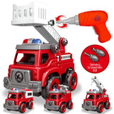 4-in-1 Take Apart Toys Truck with Electric Drill, DIY Assembly Fire Truck Toy Vehicles, Kids STEM Building Educational Cars Toys, Birthday Gifts for Toyk