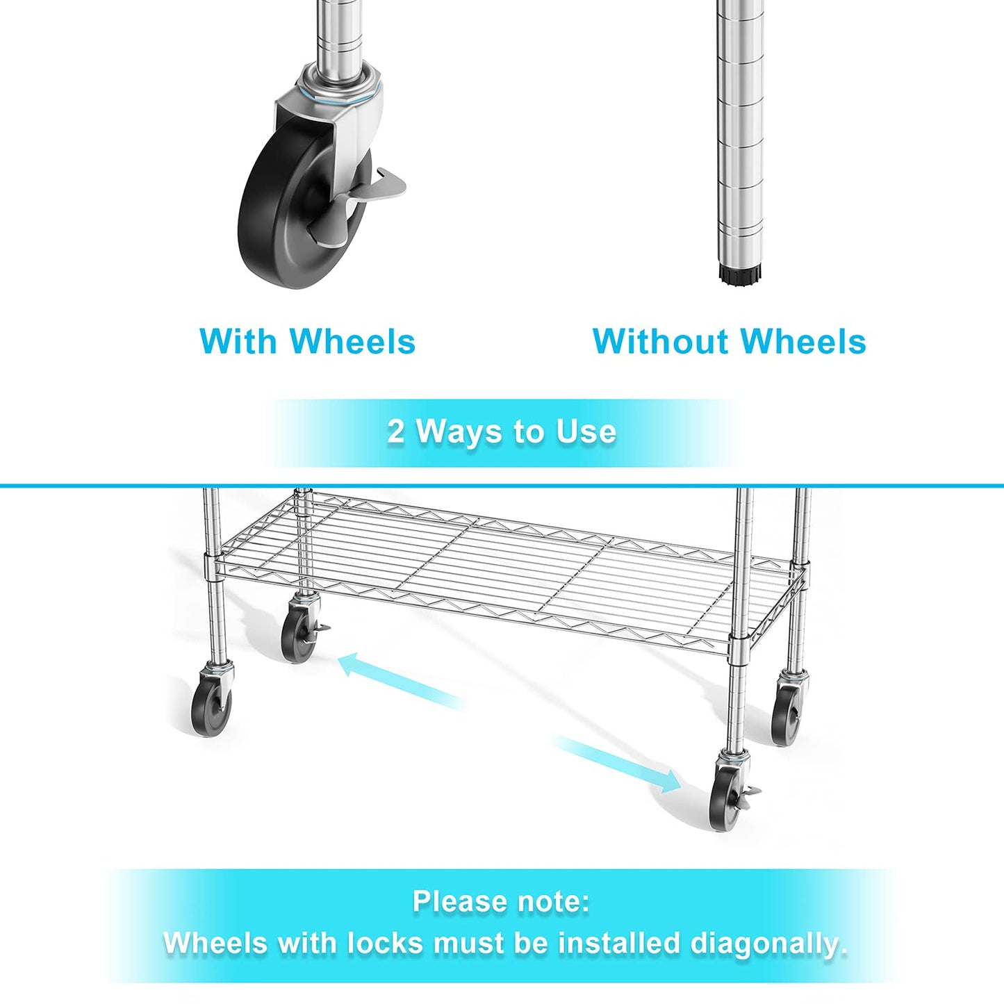 Auslar 4-Shelf Storage Shelves with Casters Heavy Duty 4 Tiers Rolling Cart Utility Racks Adjustable Wire Metal Shelving, Chrome - WoodArtSupply