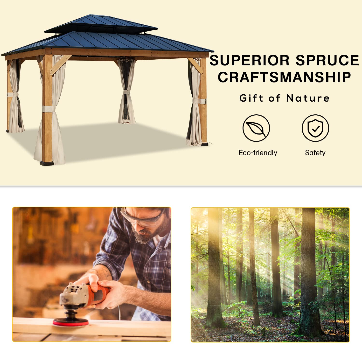 YOLENY 13' x 15' Wood Gazebo, Spruce Frame Outdoor Hardtop Gazebo with Metal Roof, Privacy Curtains and Nettings for Patio, Garden, Backyard YOLENY