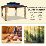 YOLENY 13' x 15' Wood Gazebo, Spruce Frame Outdoor Hardtop Gazebo with Metal Roof, Privacy Curtains and Nettings for Patio, Garden, Backyard YOLENY