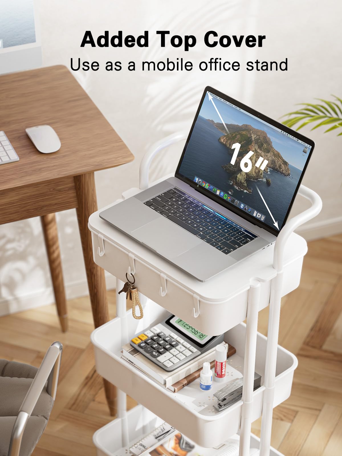 Pipishell 3 Tier Rolling Cart with Table Top, Utility Cart with Wheels & 4 Hooks, Rolling Storage Cart for Home Storage and Organization, White, Pipishell