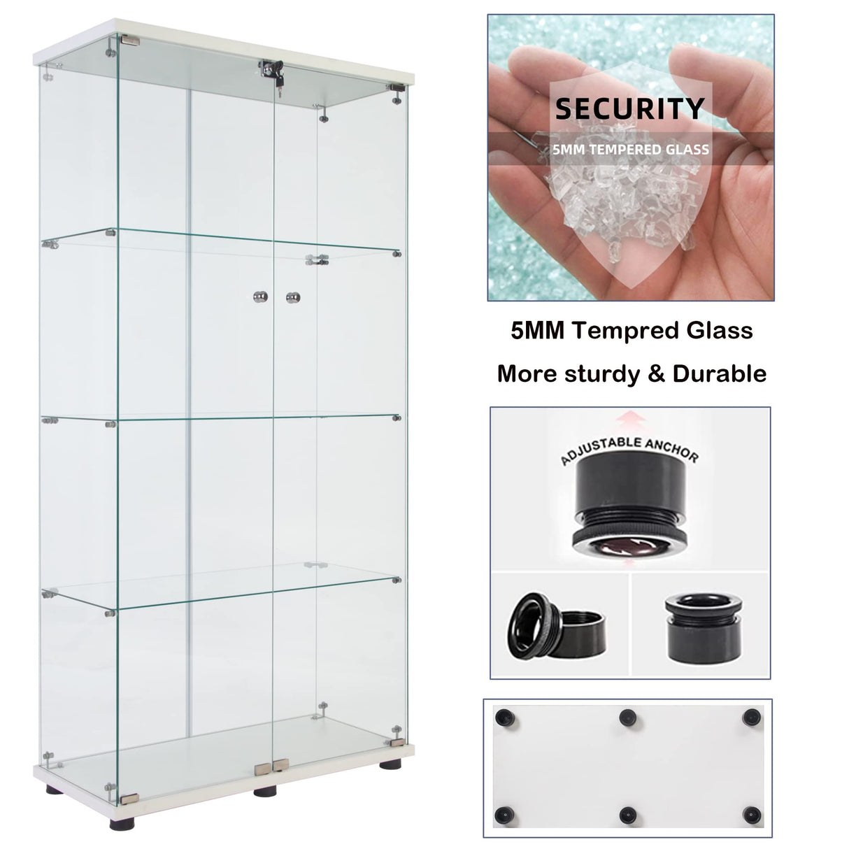 Nifoti 64.5" High 4-Shelf Double Door Glass Display Cabinet with Locks - Versatile Curio and Bookshelf for Living Room nifoti