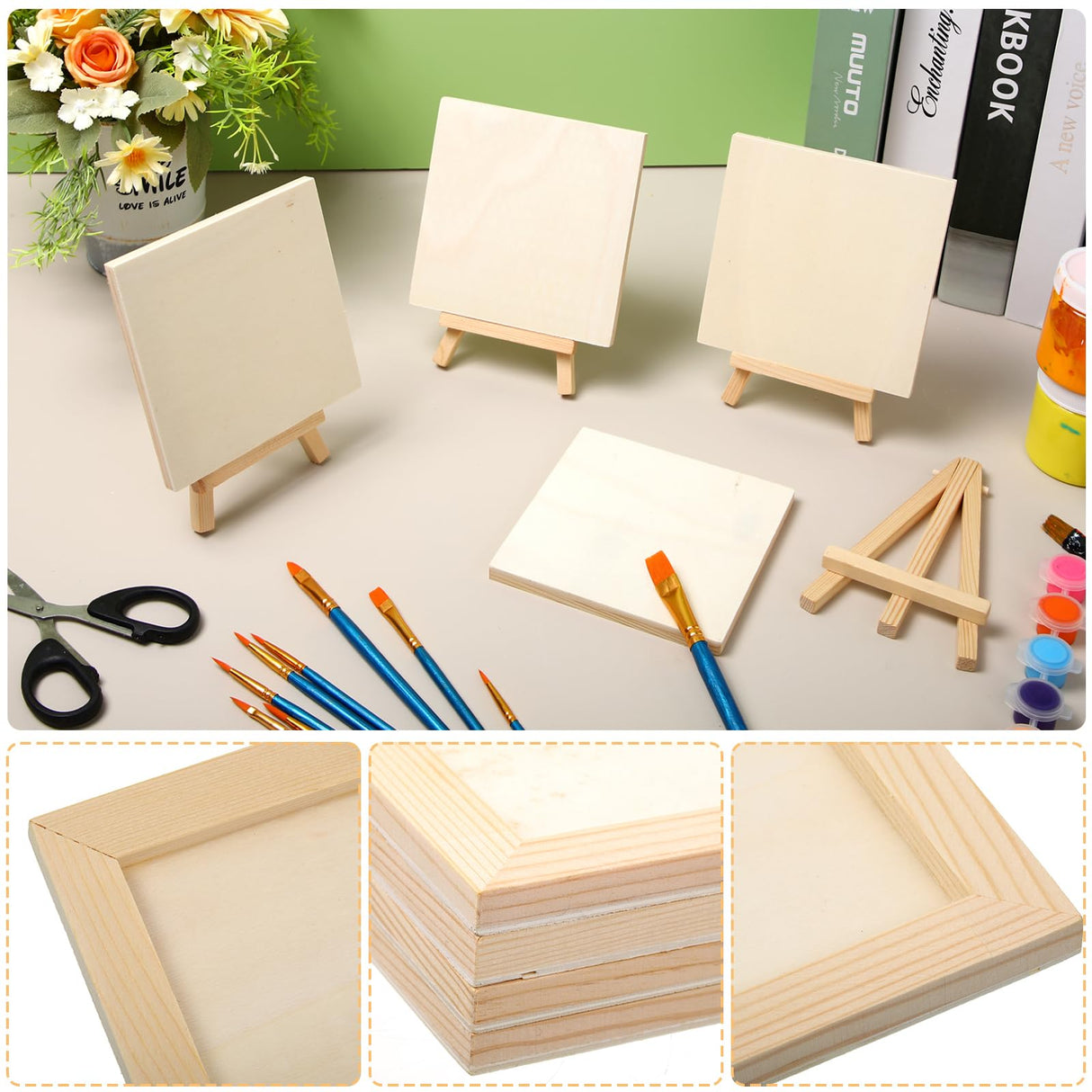 Landical 36 Pcs 4 x 4 Inch Wood Panel Boards with 36 Pcs Wood Display Easel, Unfinished Square Wood Panels for Crafts Wood Art Boards for Displaying Landical