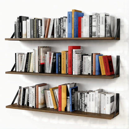 Forbena Set of 3 Rustic Floating Bookshelves - 36 Inch Wall-Mounted Storage Shelves for Home and Office - WoodArtSupply