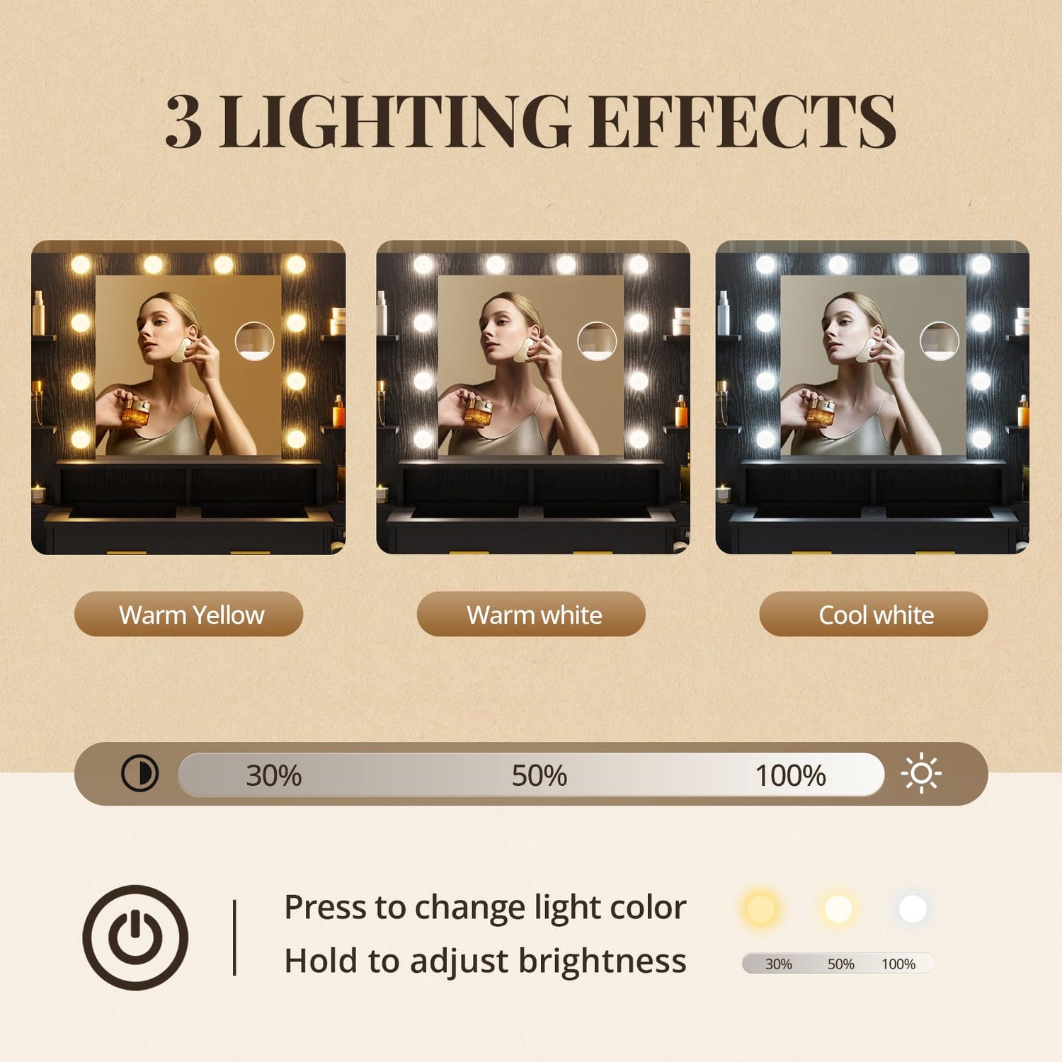 HAUOMS Glass Top Makeup Vanity with Mirror and Lights, Vanity Desk with Power Strip & 10x Magnifying Mirror, Vanity Table with Compartment Stoarge HAUOMS