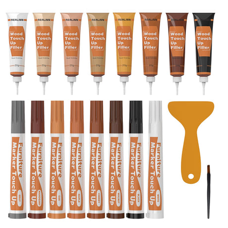 REALINN Wood Furniture Repair Kit 8 Light Colors- Wood Fillers and Touch Up Markers, Repair Scratch, Cracks, Discoloration for Wooden Door, Floor, REALINN