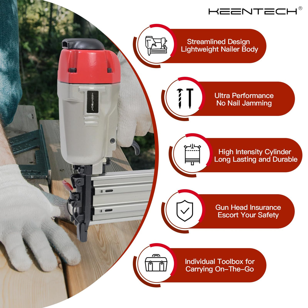 KEENTECH Pneumatic Brad Nailer, 18 GA, 3/8-Inch to 2-Inch Brad Nailer with 3000pcs Nails and Carrying Case, for Carpentry, DIY Project, Woodworking, KEENTECH