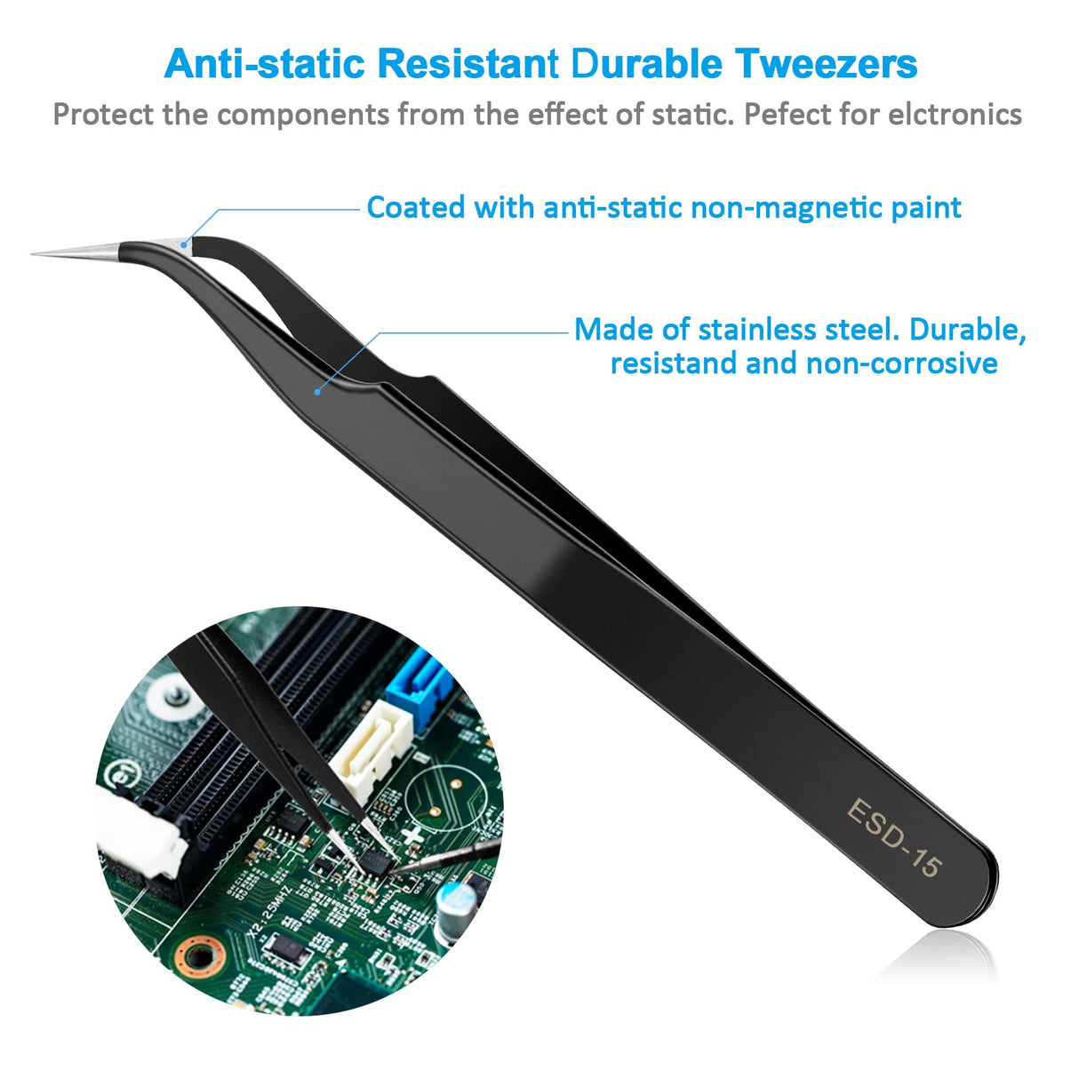 YHYZ 7pcs Precision Tweezers Set, Premium Anti-Static Stainless Steel ESD Tweezers Set Kit for Electronics, Sodlering，Jewelry, Craft, Laboratory YHYZ