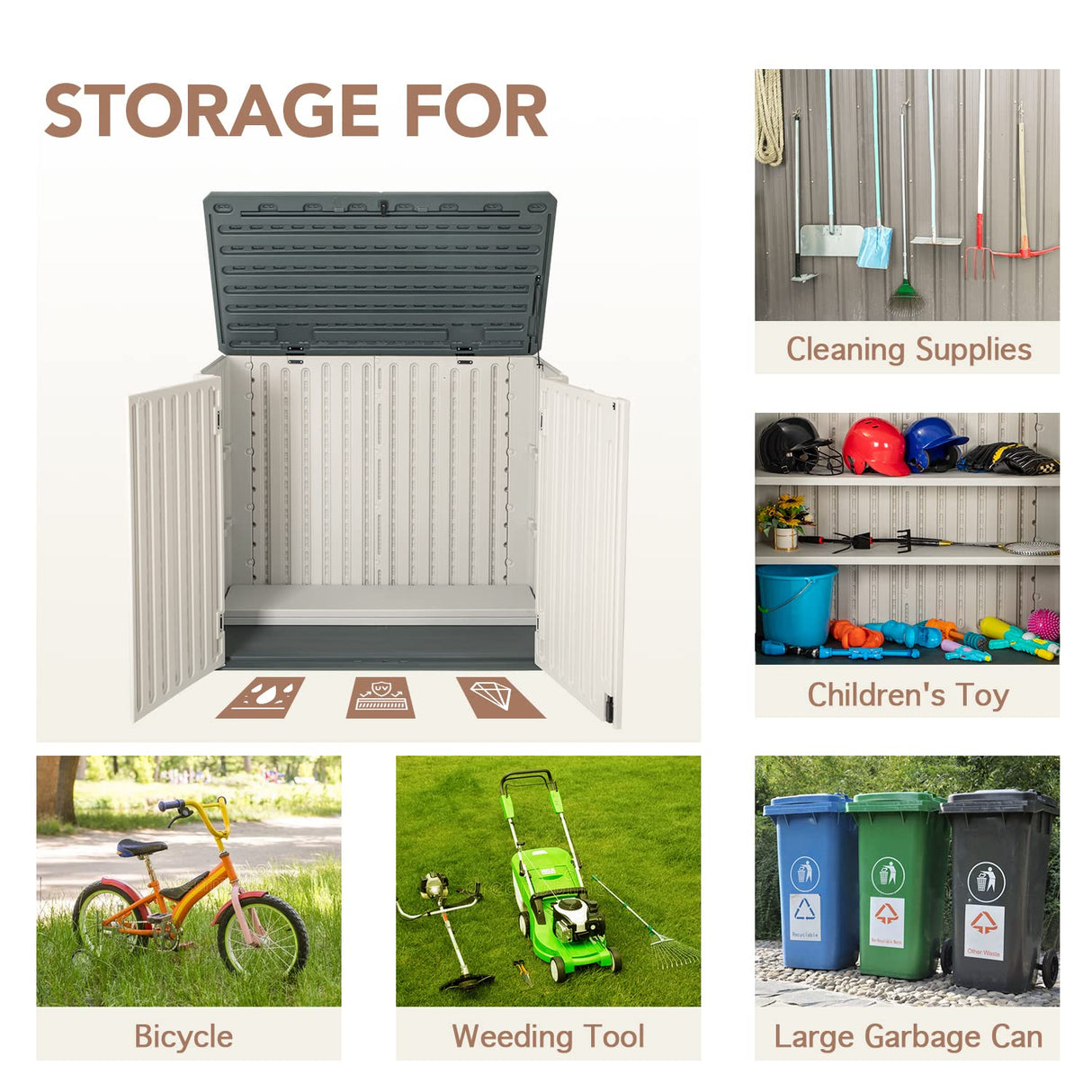 Jummico Horizontal Outdoor Resin Storage Shed 27 Cu. Ft. Garden Storage Extra Large Capacity Weather Resistant Storage Box for Bike, Garbage Cans, JUMMICO