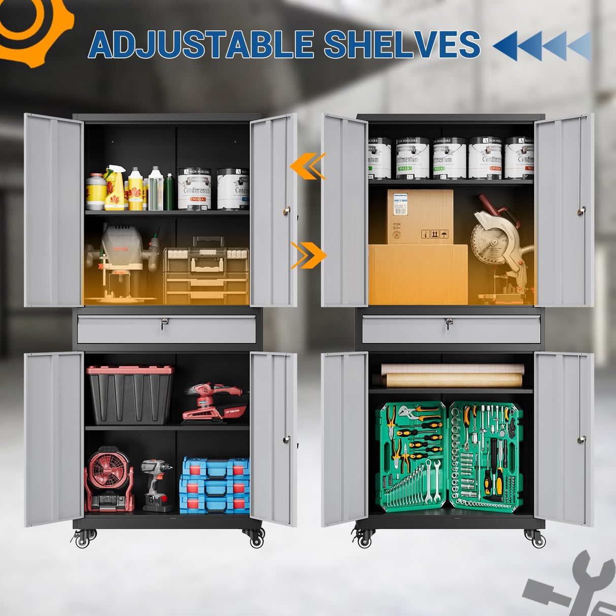 Fesbos 73" Metal Cabinet-Black&Gray Heavy Duty Rolling Storage Cabinet Steel Tool Cabinets with Wheels, Shelves, Lockable Doors and Drawers- for Fesbos