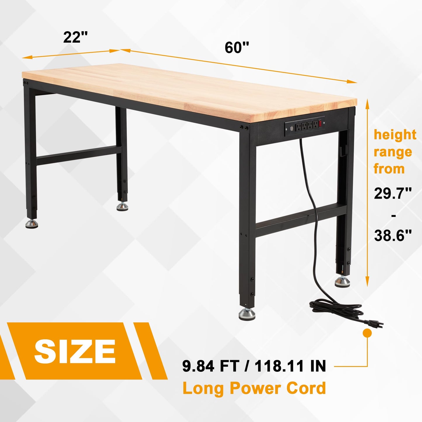 HABUTWAY Height Adjustable Workbench 60“ 2000 Lbs Capacity Oak Wood Work Station Heavy-Duty Work Benches with Power Outlets for Garage Party Shop - WoodArtSupply