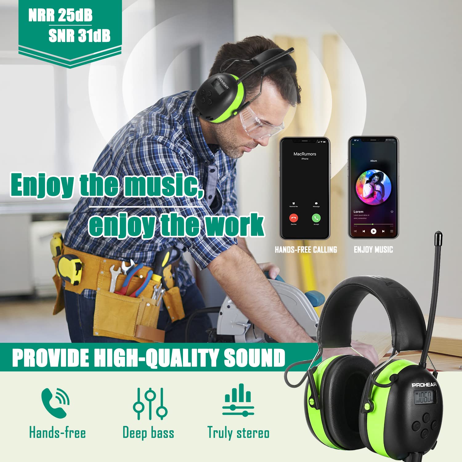 PROHEAR 033 Upgraded 5.3 Bluetooth Hearing Protection AM FM Radio Headphones, Noise Reduction Safety Earmuffs with Rechargeable 2000 mAH Battery, Ear PROHEAR