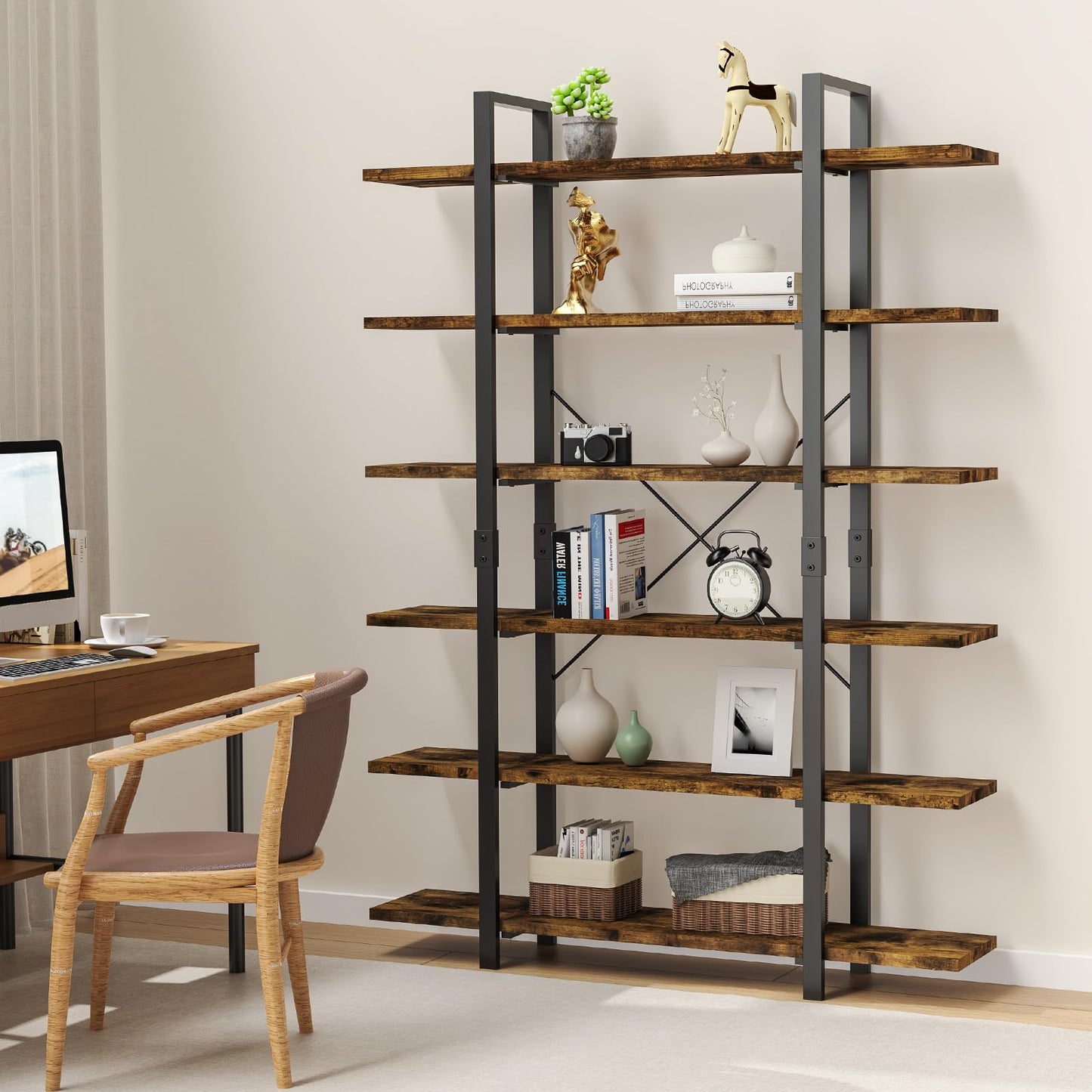 Tall 6-Tier Industrial Style Bookshelf with Rustic Wooden Shelves and Metal Frame - WoodArtSupply