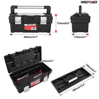 MAXPOWER 16 inch Tool Box with Removable Tray, Portable Toolbox with Stainless Steel Handle & Doule Metal Latch, Rated up to 33 Lbs - WoodArtSupply