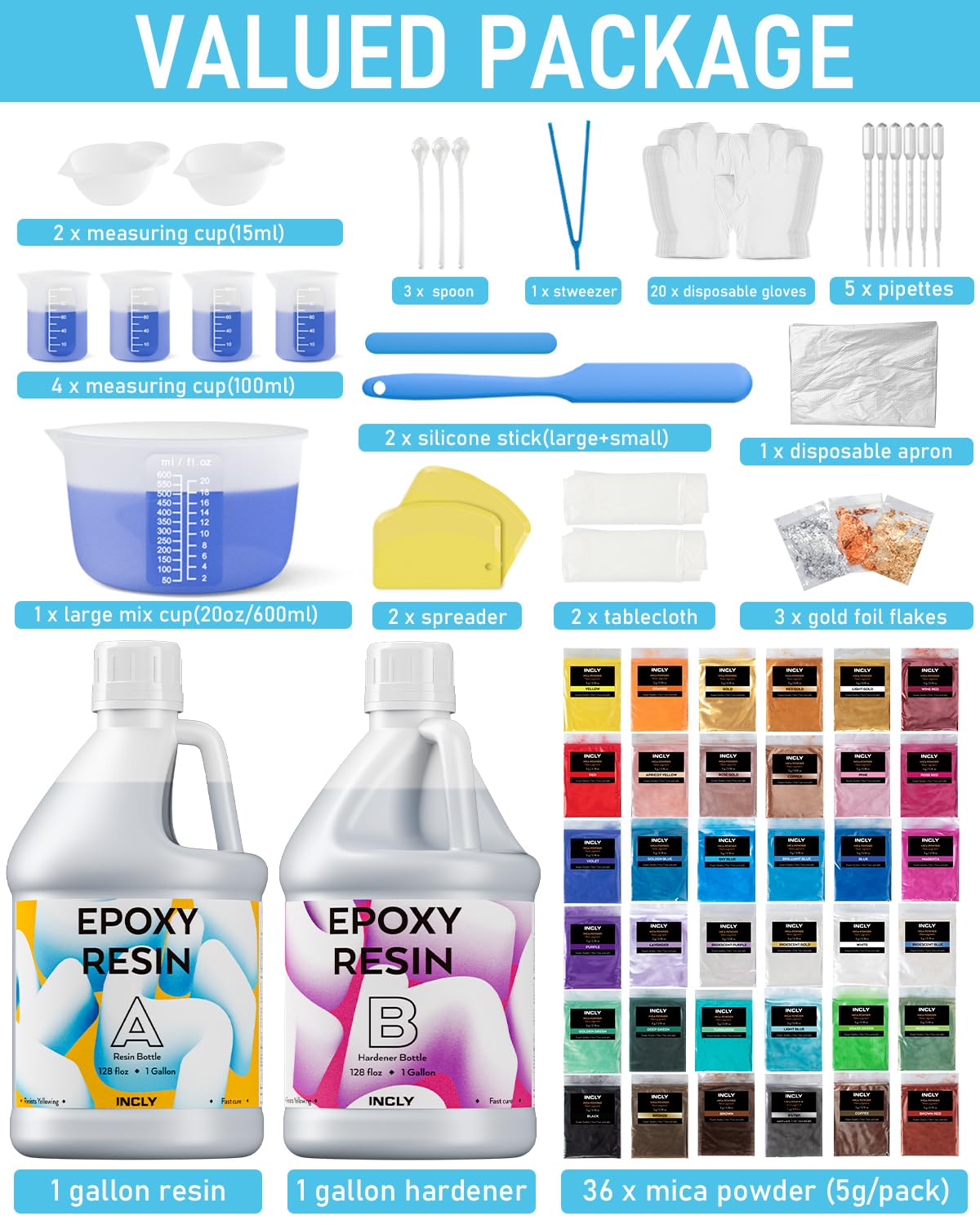 INCLY 2 Gallon Crystal Clear Epoxy Resin Kit, Casting & Coating Resin Supplies for Jewelry Making, River Table Tops, Art Painting, with 36 Colors INCLY