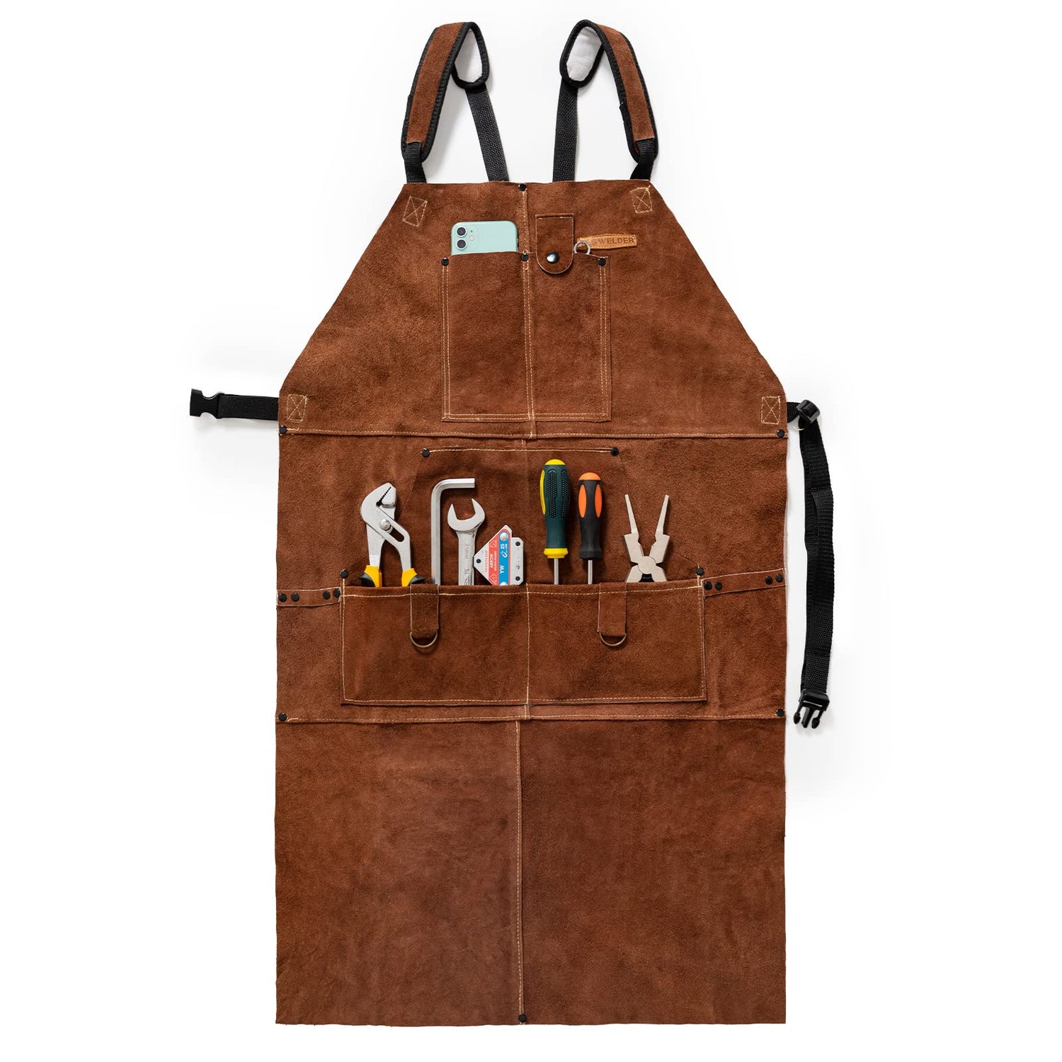 YESWELDER Leather Welding Work Shop Apron with 6 Pockets Heat Flame Resistant Cowhide Welder Apron Heavy Duty Blacksmith Aprons Adjustable for YESWELDER