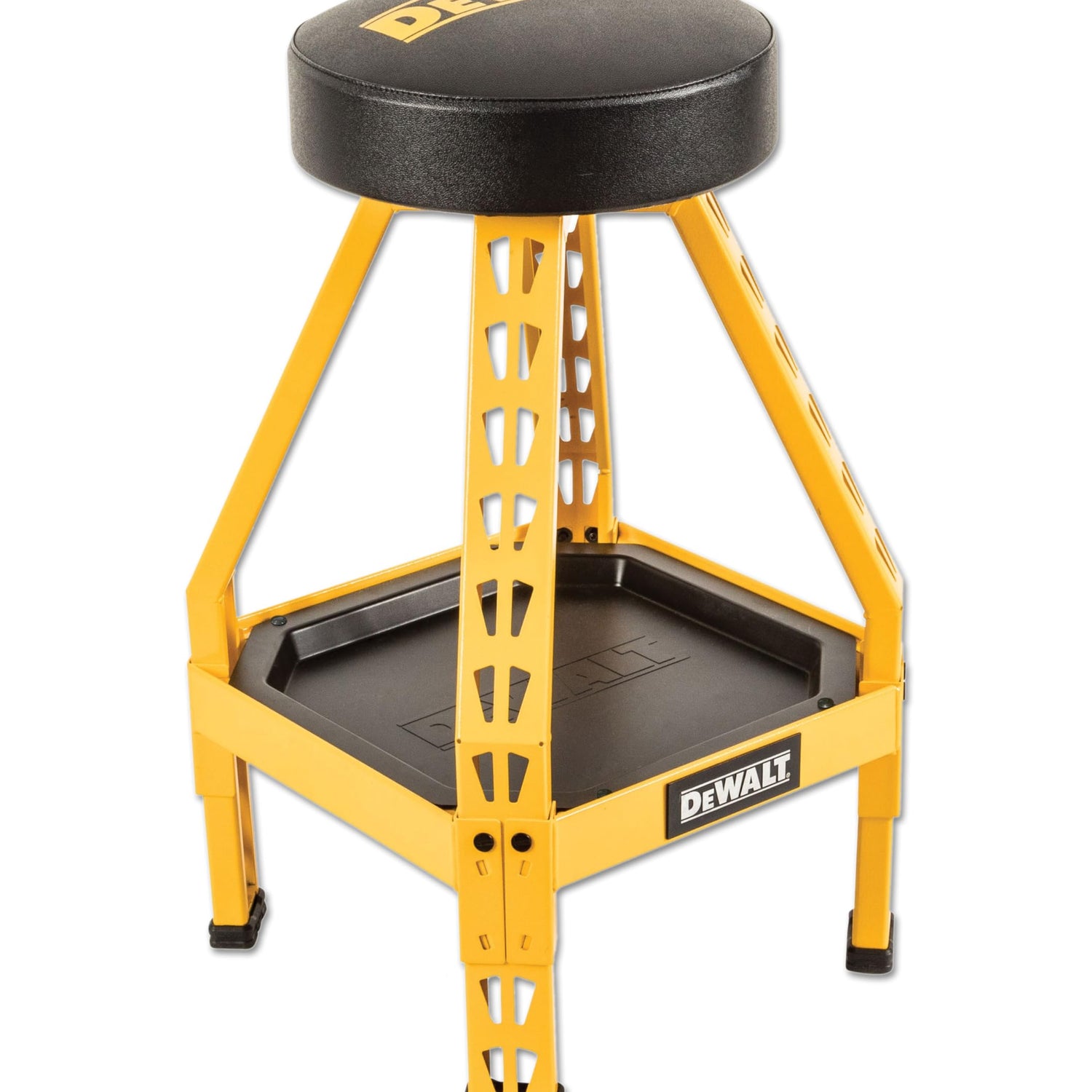DEWALT Heavy-Duty Metal Stool for Garage and Shop, 360 Swivel Seat, Storage Tray, Padded Rip-Resistant Seat, Steel Frame, Industrial Powder Coating DEWALT