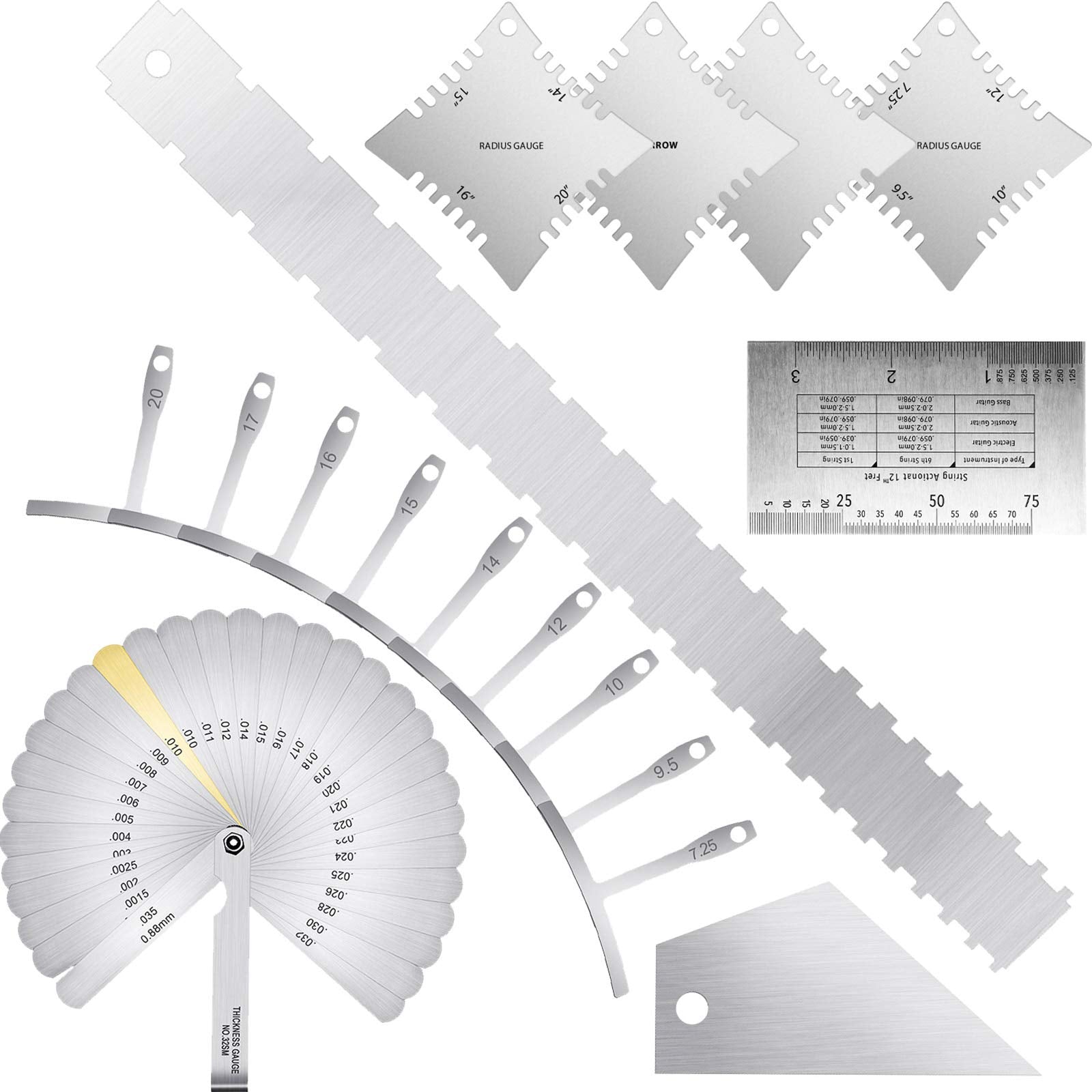 17 Pieces Guitar Luthier Tools Set Guitar Radius Gauge, String Action Ruler Gauge, Feeler Gauge, Guitar Notched Radius Gauges, Guitar Neck Notched - WoodArtSupply