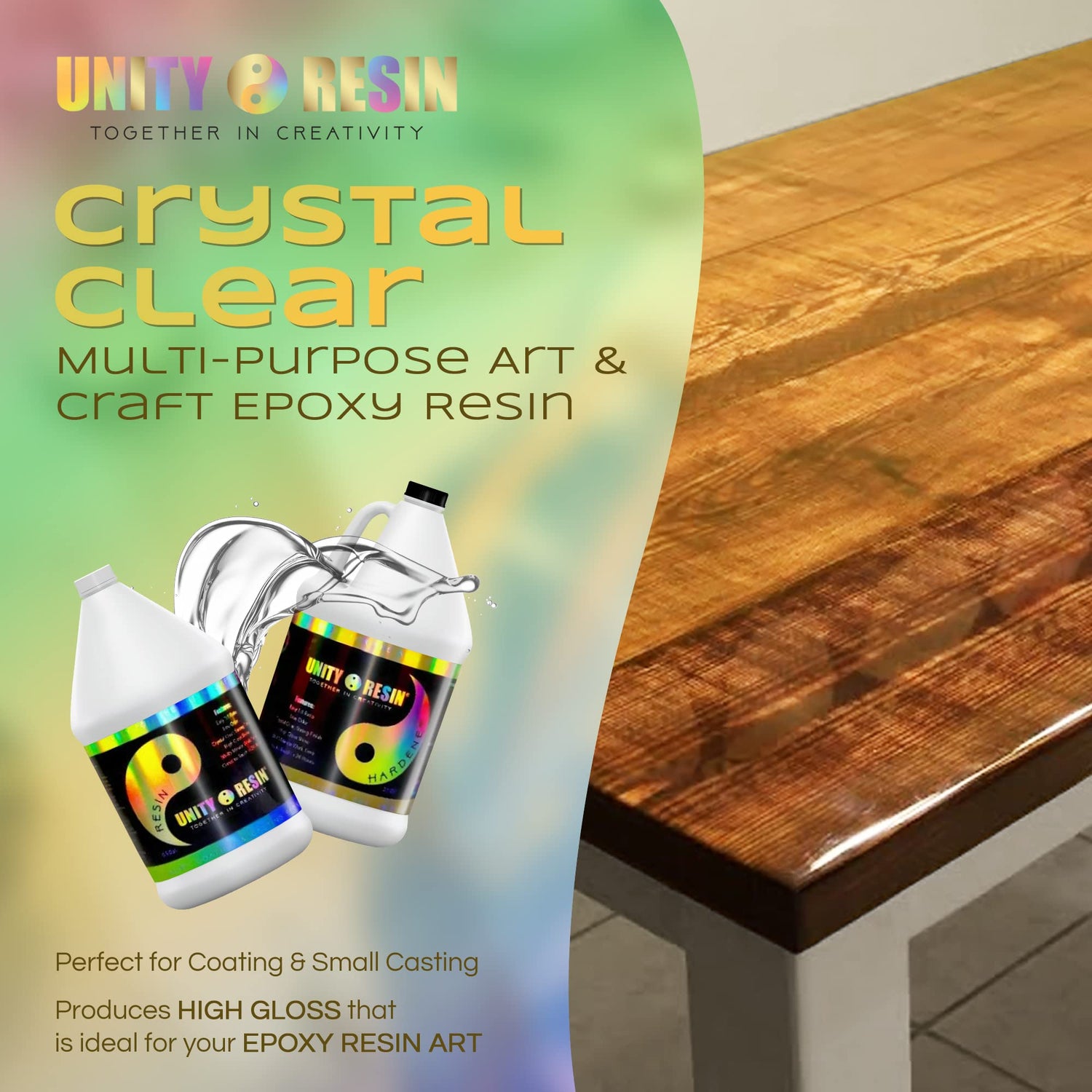 UNITY RESIN- Premium 1 Gallon Epoxy Resin, Crystal Clear & Low Bubbles, Non-Yellow UV Protection with HALS, Versatile & Easy-to-Use 1:1, Coating & Unity Resin