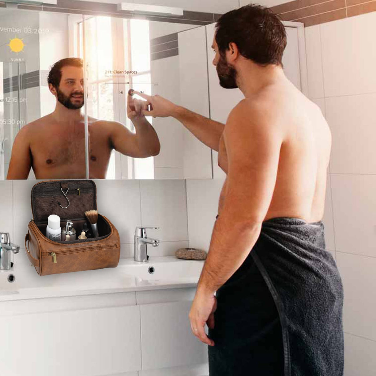 Personalized Leather Toiletry Bag For Men with Hook, Groomsmen Gifts Travel Bag Laser Engraved Name Monogram Leather Gift Anniversary Gift For Him Bleggeit