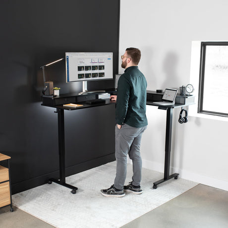 VIVO Electric 2-Tier Height Adjustable 63 x 55 inch Stand Up Corner Desk, L-Shaped Mobile Table with Memory Controller, Black Table Top, Black Frame, VIVO