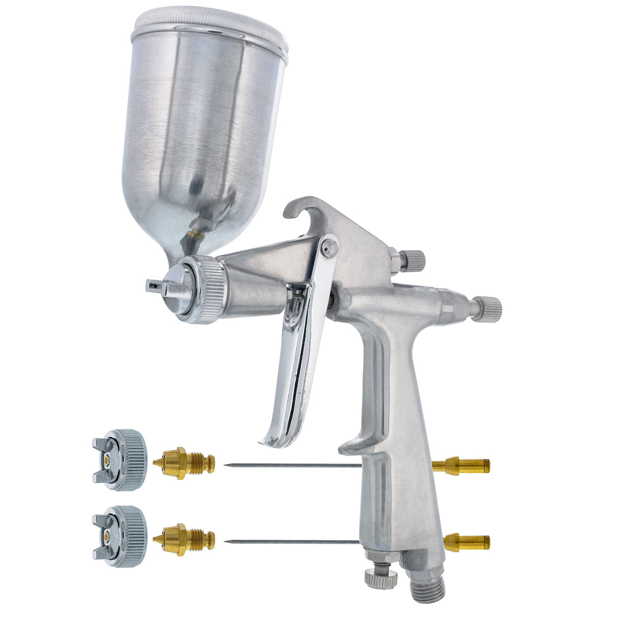 TCP Global Mini Gravity Feed Spray Gun with .8mm, 5mm & 1.0mm Needle & Nozzle Sets & Side Mounted Rotating Cup TCP Global