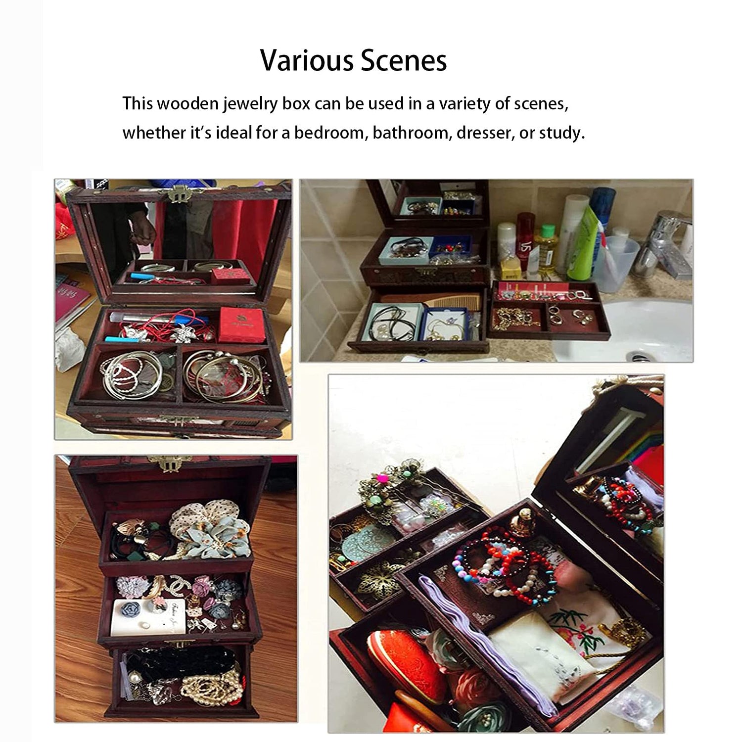 Wooden Jewelry Box with Mirror, Classical Wood Jewlery Box Jewelery Storage Box Case Holder Jewellery Chest Organizer with Drawer Mom Gifts Mothers Brokimis