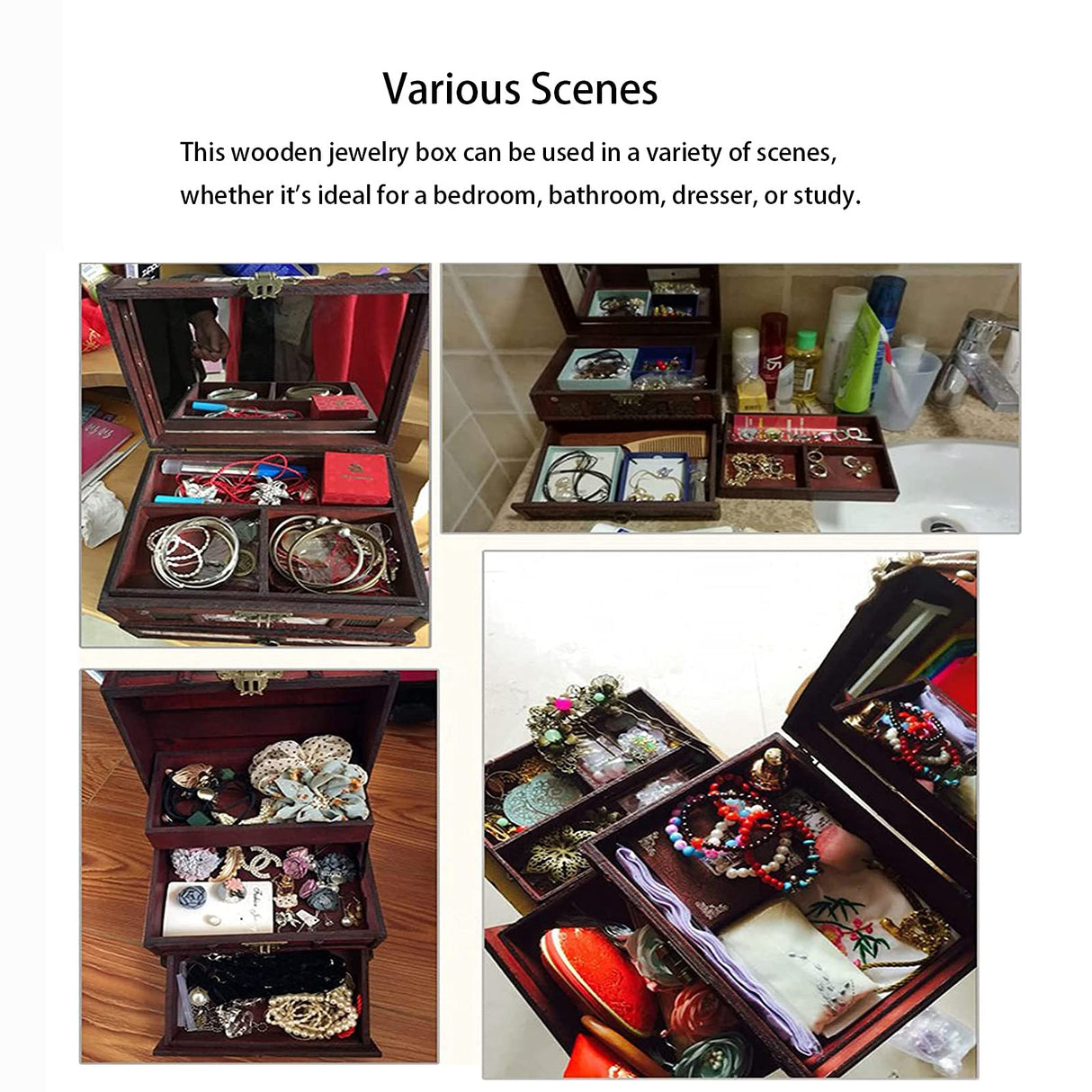 Wooden Jewelry Box with Mirror, Classical Wood Jewlery Box Jewelery Storage Box Case Holder Jewellery Chest Organizer with Drawer Mom Gifts Mothers Brokimis